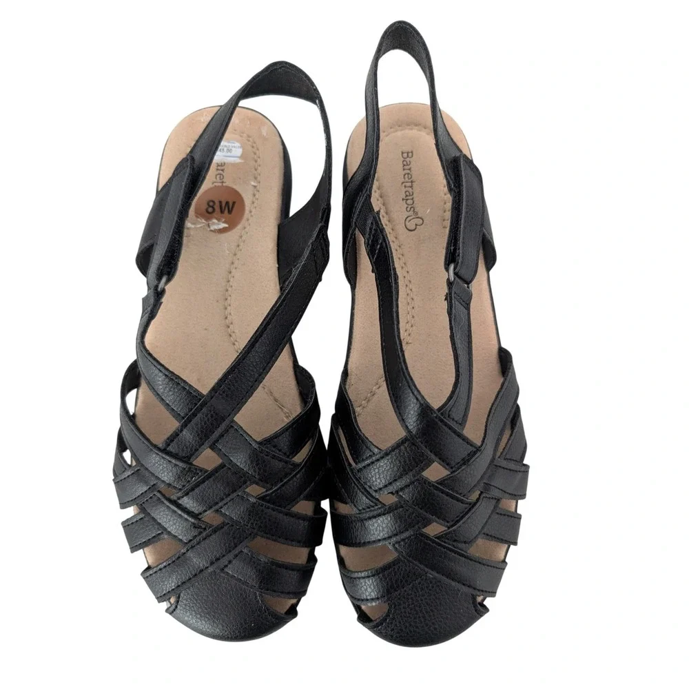 Baretraps Brinley Fisherman Slingback Sandal Women 8W Black Faux Leather Comfort